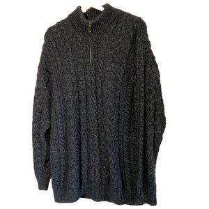 Kilronan Knitwear Aran Knit Sweater M Gray Merino Wool Fisherman Ireland 1/4 Zip
